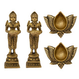 Indian Diwali Oil Lamp Pooja Diya Brass Light Puja Decorations Mandir Decoration Items Handmade Items Lamps Made in India Decorative Wicks Diyas Deep Laxmi & Lotus Kamal Laxmi Vilakku Set of 4 - Gold - Divya Mantra