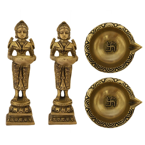Indian Diwali Oil Lamp Pooja Diya Brass Light Puja Decorations Mandir Decoration Items Handmade Items Lamps Made in India Decorative Wicks Diyas Deep Laxmi & Swastik Laxmi Deep Vilakku Set of 4 - Gold - Divya Mantra