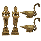 Indian Diwali Oil Lamp Pooja Diya Brass Light Puja Decorations Mandir Decoration Items Handmade Items Lamps Made in India Decorative Wicks Diyas Deep Laxmi & Long Handle Design Vilakku Set of 4 - Gold - Divya Mantra