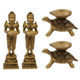 Indian Diwali Oil Lamp Pooja Diya Brass Light Puja Decorations Mandir Decoration Items Handmade Items Lamps Made in India Decorative Wicks Diyas Deep Laxmi & Tortoise Turtle Deep Set of 4 - Golden - Divya Mantra