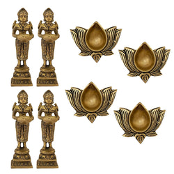 Indian Diwali Oil Lamp Pooja Diya Brass Light Puja Decorations Mandir Decoration Items Handmade Items Lamps Made in India Decorative Wicks Diyas Deep Laxmi & Lotus Kamal Laxmi Deepam Set of 8