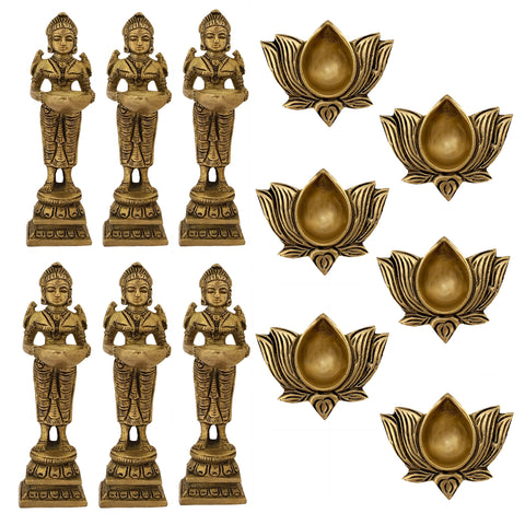 Indian Diwali Oil Lamp Pooja Diya Brass Light Puja Decorations Mandir Decoration Items Handmade Items Lamps Made in India Decorative Wicks Diyas Deep Laxmi & Lotus Kamal Laxmi Deepam Set of 12- Golden - Divya Mantra
