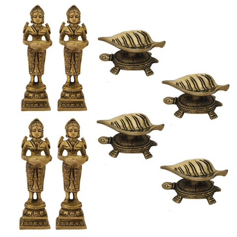 Indian Diwali Oil Lamp Pooja Diya Brass Light Puja Decorations Mandir Decoration Items Items Lamps Made in India Decorative Wicks Diyas Deep Laxmi & Tortoise Turtle Leaf Vilakku Set of 8 - Golden - Divya Mantra