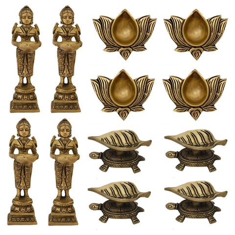 Indian Diwali Oil Lamp Pooja Diya Brass Light Puja Items Handmade Items Lamps Made in India Decorative Wicks Diyas Deep Laxmi, Lotus Kamal Laxmi Deepam & Tortoise Turtle Leaf Vilakku Set of 12 - Gold - Divya Mantra