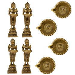 Indian Diwali Oil Lamp Pooja Diya Brass Light Puja Decorations Mandir Decoration Items Handmade Items Lamps Made in India Decorative Wicks Diyas Deep Laxmi & Sri Swastik Deep Vilakku Set of 8