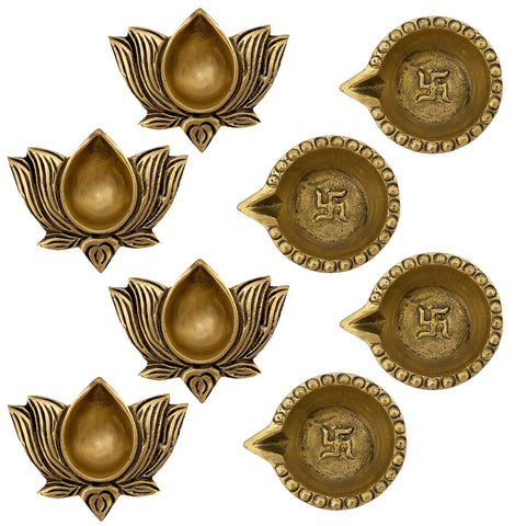 Indian Diwali Oil Lamp Pooja Diya Brass Light Puja Decorations Mandir Decoration Items Lamps Made in India Decorative Wicks Diyas Lotus Kamal Laxmi Deepam & Sri Swastik Deep Deepam Set of 8 - Gold - Divya Mantra