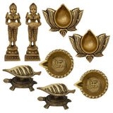 Indian Diwali Oil Lamp Pooja Diya Brass Light Puja Decorations Mandir Decoration Items Decorative Wicks Diyas Deep Laxmi & Lotus Kamal Laxmi, Swastik,Tortoise Turtle Leaf Vilakku Set of 8 - Gold - Divya Mantra