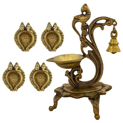 Divya Mantra Indian Diwali Oil Lamp Pooja Diya Brass Light Puja Decorations Mandir Items Handmade Home Decor Made in India Decorative Wicks Diyas Parrot Bell Vilakku Sri Laxmi Ganesh Set Of 5 - Gold - Divya Mantra