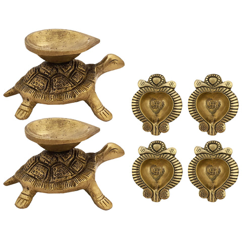Divya Mantra Indian Diwali Oil Lamp Pooja Diya Brass Light Puja Decorations Mandir Items Handmade Home Decor Made in India Decorative Wick Fortune Tortoise Turtle Deep Swastik Laxmi Deep Set Of 6-Gold - Divya Mantra