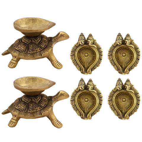 Divya Mantra Indian Diwali Oil Lamp Pooja Diya Brass Light Puja Decorations Mandir Items Handmade Home Decor Made in India Decorative Wicks Fortune Tortoise Turtle Deep Sri Laxmi Ganesh Set Of 6 -Gold - Divya Mantra