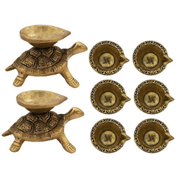 Divya Mantra Indian Diwali Oil Lamp Pooja Diya Brass Light Puja Decorations Mandir Items Handmade Home Decor Made in India Decorative Wicks Fortune Tortoise Turtle Deep Swastik Laxmi Set Of 8 - Gold - Divya Mantra