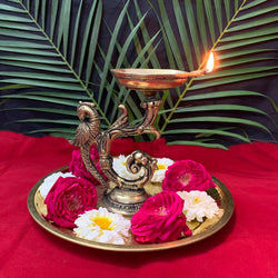 Indian Diwali Oil Lamp Pooja Diya Brass Puja Decorations Mandir Decoration Items Handmade Home Backdrop Decor Lamps Made India Decorative Wicks Diyas Parrot Design Deep Deepam - Golden - Divya Mantra
