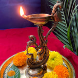 Parrot Design Indian Diwali Oil Lamp Pooja Diya Brass Light Decorations Mandir Decoration Items Handmade Home Backdrop Decor Lamps Made in India Decorative Wicks Diyas Deep Deepam - Gold - Divya Mantra