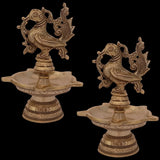 Indian Diwali Oil Lamp Pooja Diya Brass Light Puja Decorations Mandir Decoration Items Home Backdrop Decor Lamps Made in India Decorative Wicks Diyas Laxmi Mayura Peacock - Gold- Set of 2 - Divya Mantra
