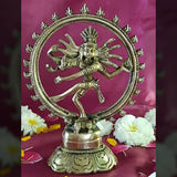 Natraj Shiva Statue Brass Home Decor Hindu God Dancing Nataraja Indian Handicrafts Mandir Temple Pooja Antique Brass Lord Sri Nataraj Sculpture Decorative Statues Vastu Murti Diwali Idol - Golden - Divya Mantra