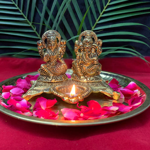 Indian Diwali Oil Lamp Pooja Diya Metal Puja Decorations Mandir Decoration Items Handmade Home Backdrop Decor Lamps Made India Decorative Wicks Diyas Welcome Laxmi Ganesh Deepam Deep-Gold - Divya Mantra