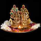 Indian Diwali Oil Lamp Pooja Diya Metal Puja Decorations Mandir Decoration Items Handmade Home Backdrop Decor Lamps Made India Decorative Wicks Diyas Welcome Laxmi Ganesh - Gold- Set of 2 - Divya Mantra