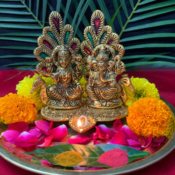Indian Diwali Oil Lamp Pooja Diya Metal Puja Decorations Mandir Decoration Items Handmade Home Backdrop Decor Lamps Made India Decorative Wicks Diyas Welcome Laxmi Ganesh Deep - Gold - Divya Mantra