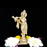 Krishna Playing Flute Brass Statue Janmashtami Murti Kanha Bansuri Idol Bhagwan Sri Thakur ji Home Decor Mandir God Metal Decorative Showpiece Lord Pooja Beautiful Statues - Golden - Divya Mantra