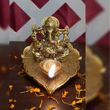 Ganesha Idols for Home Decor Ganesh Diya Murti God Idol Pooja Vinayagar Statue Lord Ganpati on Leaf Table Office Kitchen Living Room Decoration Item Diwali Decorative Accessories