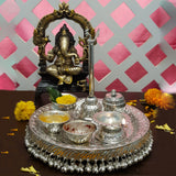 Pooja Thali Puja Mandir Decoration Items Aarti Plate Diwali Laxmi Pujan Ganesh Chaturthi Karva Chauth Rakhi Rakshabandhan Karwachauth Teej Bhog Decorative Articles Small, Set (Silver)