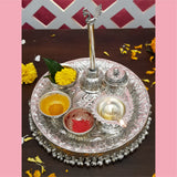 Pooja Thali Puja Mandir Decoration Items Aarti Plate Diwali Laxmi Pujan Ganesh Chaturthi Karva Chauth Rakhi Rakshabandhan Karwachauth Teej Bhog Decorative Articles Small, Set (Silver)