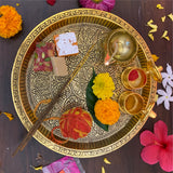Pooja Thali Brass Puja Mandir Decoration Items Aarti Diwali Laxmi Pujan Ganesh Chaturthi Karva Chauth Rakhi Rakshabandhan Karwachauth Teej Bhog Decorative Articles Kuber Diya (Gold)