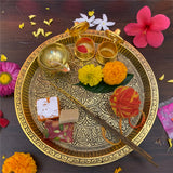 Pooja Thali Brass Puja Mandir Decoration Items Aarti Diwali Laxmi Pujan Ganesh Chaturthi Karva Chauth Rakhi Rakshabandhan Karwachauth Teej Bhog Decorative Articles Kuber Diya (Gold)
