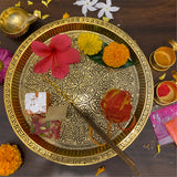 Pooja Thali Brass Puja Mandir Decoration Items Aarti Diwali Laxmi Pujan Ganesh Chaturthi Karva Chauth Rakhi Rakshabandhan Karwachauth Teej Bhog Decorative Articles Pital (Gold)