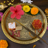 Pooja Thali Brass Puja Mandir Decoration Items Aarti Diwali Laxmi Pujan Ganesh Chaturthi Karva Chauth Rakhi Rakshabandhan Karwachauth Teej Bhog Decorative Articles Pital (Gold)