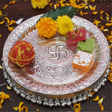 Pooja Thali Puja Mandir Decoration Items Aarti Plate Diwali Laxmi Pujan Ganesh Chaturthi Karva Chauth Rakhi Rakshabandhan Karwachauth Teej Bhog Decorative Articles Small, Swastik (Silver)