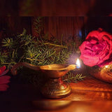Indian Diwali Oil Lamp Pooja Diya Brass Light Puja Decorations Mandir Decoration Items Handmade Table Home Backdrop Decor Lamps Made in India Decorative Wicks Diyas Long Handle Vilakku Deepam - Golden - Divya Mantra