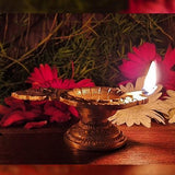 Indian Diwali Oil Lamp Pooja Diya Brass Light Puja Decorations Mandir Decoration Items Handmade Table Home Backdrop Decor Lamps Made in India Decorative Wicks Diyas Pushpam Vilakku Deepak - Golden - Divya Mantra
