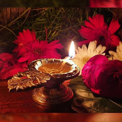 Indian Diwali Oil Lamp Pooja Diya Brass Light Puja Decorations Mandir Decoration Items Handmade Table Home Backdrop Decor Lamps Made in India Decorative Wicks Diyas Pushpam Vilakku Deepak - Golden - Divya Mantra