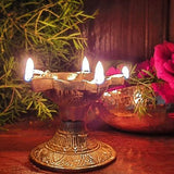 Indian Diwali Oil Lamp Pooja Diya Brass Light Puja Decorations Mandir Decoration Items Handmade Table Home Backdrop Decor Lamps Made in India Decorative Wicks Diyas Vilakku Star Deepak - Golden - Divya Mantra