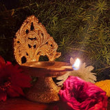 Indian Diwali Oil Lamp Pooja Diya Brass Light Puja Decorations Mandir Decoration Items Handmade Table Home Backdrop Decor Lamps Made in India Decorative Wicks Diyas Vilakku Yoga Deepak - Golden - Divya Mantra