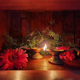 Indian Diwali Oil Lamp Pooja Diya Brass Light Puja Decorations Mandir Decoration Items Handmade Table Home Backdrop Decor Lamps Made in India Decorative Wicks Diyas Long Handle Vilakku Set of 2 - Gold - Divya Mantra