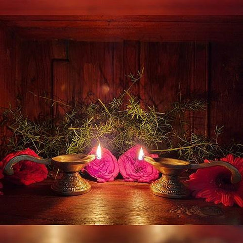 Indian Diwali Oil Lamp Pooja Diya Brass Light Puja Decorations Mandir Decoration Items Handmade Table Home Backdrop Decor Lamps Made in India Decorative Wicks Diyas Long Handle Vilakku Set of 2 - Gold - Divya Mantra