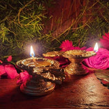 Indian Diwali Oil Lamp Pooja Diya Brass Light Puja Decorations Mandir Decoration Items Handmade Table Home Backdrop Decor Lamps Made in India Decorative Wicks Diyas Pushpam Vilakku Set of 2 - Golden - Divya Mantra