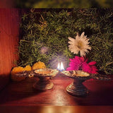 Indian Diwali Oil Lamp Pooja Diya Brass Light Puja Decorations Mandir Decoration Items Handmade Table Home Backdrop Decor Lamps Made in India Decorative Wicks Diyas Pushpam Vilakku Set of 2 - Golden - Divya Mantra