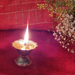 Indian Diwali Oil Lamp Pooja Diya Brass Light Puja Decorations Mandir Decoration Items Handmade Table Home Backdrop Decor Lamps Made in India Decorative Wicks Diyas Flower Jyoti Deepak Vilakku - Gold - Divya Mantra