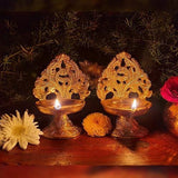 Indian Diwali Oil Lamp Pooja Diya Brass Light Puja Decorations Mandir Decoration Items Handmade Table Home Backdrop Decor Lamps Made in India Decorative Wicks Diyas Vilakku Yoga Deepak Set of 2 - Gold - Divya Mantra