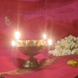 Indian Diwali Oil Lamp Pooja Diya Brass Light Puja Decorations Mandir Decoration Items Handmade Table Home Backdrop Decor Lamps Made in India Decorative Wicks Diyas Jyoti Deepak Vilakku - Golden - Divya Mantra