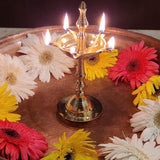 Indian Diwali Oil Lamp Pooja Diya Brass Light Puja Decorations Mandir Decoration Items Handmade Table Home Backdrop Decor Lamps Made in India Decorative Wicks Diyas Kuthu Vilakku Deepak - Golden - Divya Mantra