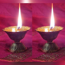 Indian Diwali Oil Lamp Pooja Diya Brass Light Puja Decorations Mandir Decoration Items Handmade Table Home Backdrop Decor Lamps Made in India Decorative Flower Jyoti Deepak Vilakku Set of 2 - Gold - Divya Mantra