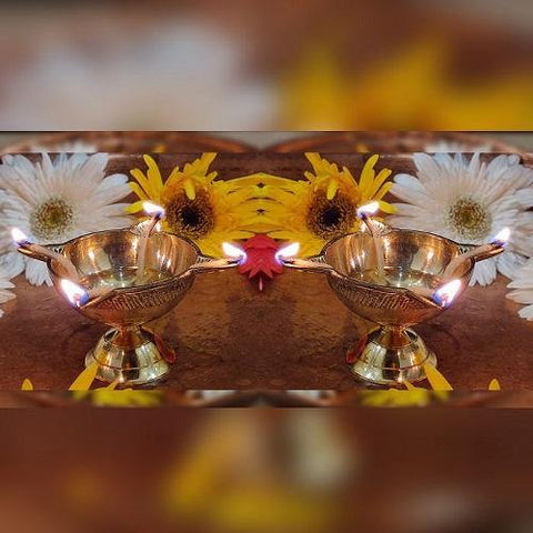 Indian Diwali Oil Lamp Pooja Diya Brass Light Puja Decorations Mandir Decoration Items Handmade Table Home Backdrop Decor Lamps Made in India Decorative Wicks Diyas Jyoti Deepak Vilakku - Set of 2 - Divya Mantra