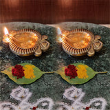 Brass Laxmi Diya for Pooja Room Kuthu Vilakku Puja Items Home Deepam Oil Lamp Indian Diwali Decoration Item Mandir Decor Backdrop Decorative Handmade Lamps Set of 2 - Gold Swastik Flower