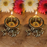 Brass Laxmi Diya for Pooja Room Kuthu Vilakku Puja Items Home Deepam Oil Lamp Indian Diwali Decoration Item Mandir Decor Backdrop Decorative Handmade Lamps Set of 2 - Gold Swastik Petals