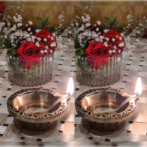 Brass Laxmi Diya for Pooja Room Kuthu Vilakku Puja Items Home Deepam Oil Lamp Indian Diwali Decoration Item Mandir Decor Backdrop Decorative Handmade Lamps Set of 2 - Gold Swastik Petals