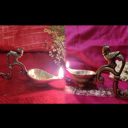 Brass Laxmi Diya for Pooja Room Kuthu Vilakku Puja Items Home Deepam Oil Lamp Indian Diwali Decoration Item Mandir Decor Backdrop Decorative Handmade Lamps Set of 2 - Gold Parrot Handle
